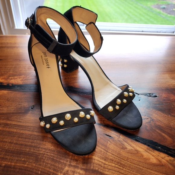 Jon Josef black satin ankle wrap pearl embellished sandals size 10 - Picture 4 of 8